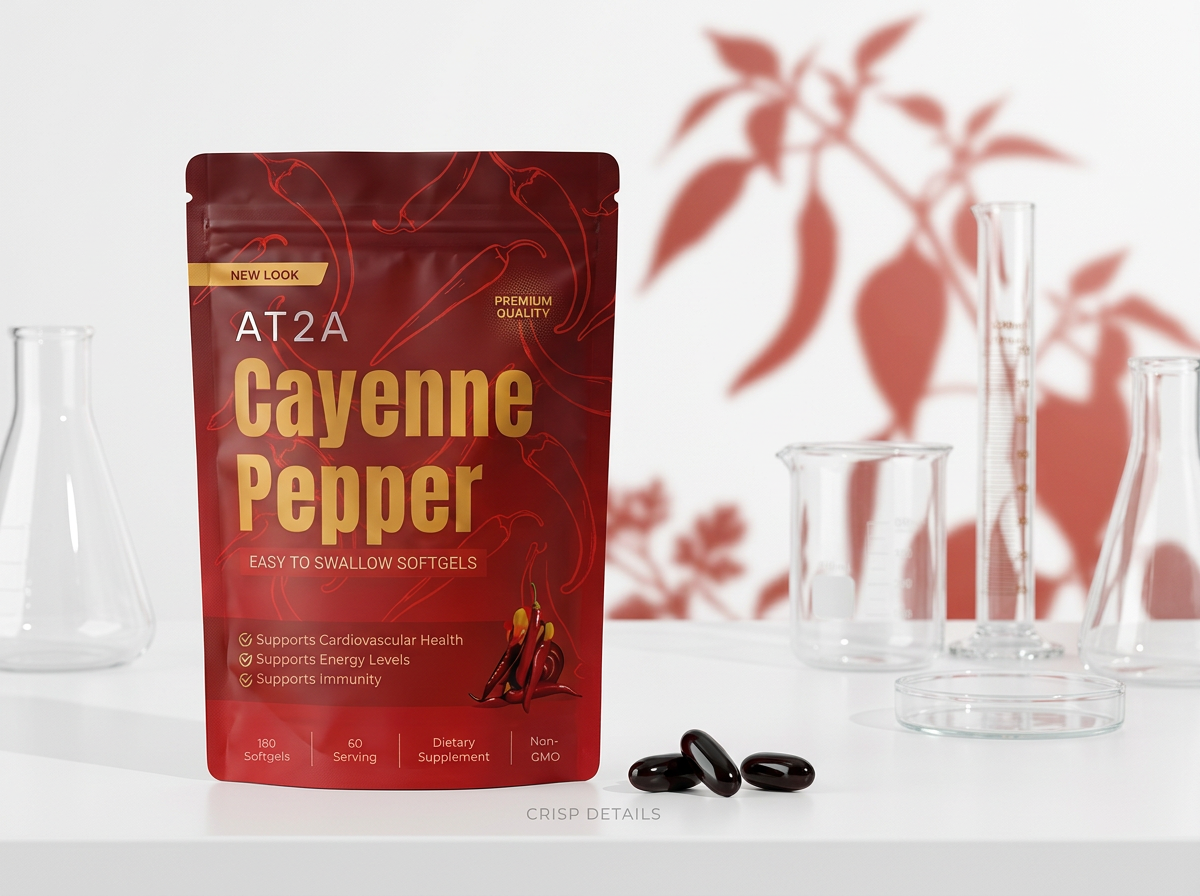 AT2A Cayenne Pepper pouch and softgels in a clean testing environment